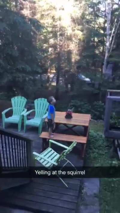 Wee nephew yells at squirrel.