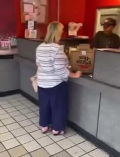 Karen Shoves Pizza at a Worker &amp;amp; Tries to Run From The Consequences