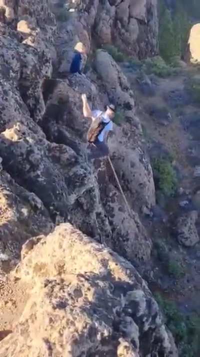 "Salto del Pastor" or Shepherd jump is a way for shepherds in the Canary Island (Spain) to move around and fall great distances in the abrupt terrain with the aid of a "lanza" or spear