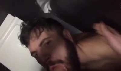 His boyfriend is waiting outside, but something BIG is stopping him in the bathroom