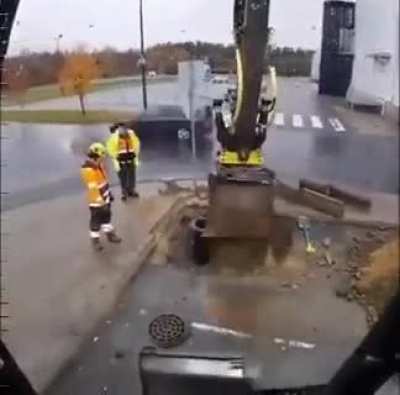 replacing a storm drain pipe almost completely with an excavator