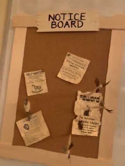 DM and I made a notice board that will be updated every week reflecting on our adventures and current events! The arrows and knives are custom made pins! [OC]