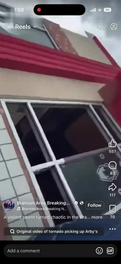 Violent winds from storm causes local Arby’s fast food restaurant to tumble. An absolutely unbelievable sight.