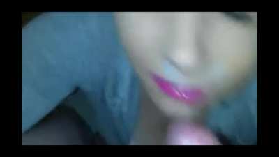 Gets on her knees and opens happily but chokes and doesn’t like the mess she made