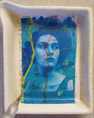 Cyanotype printing on a Vintage Map- Mathieu Stern