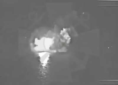 Night-time footage of a Ukrainian loitering munitions hitting a natural gas platform in the Black Sea occupied by Russian soldiers.