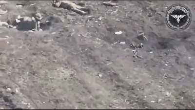 Ukrainian FPV drone hits two Russian soldiers near a destroyed BTR somewhere in the east