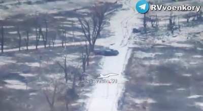 Ukrainian armor drives down the road, sees Russian T-72, pops a drifting 180 U turn, goes on Ukraine planted AT mine