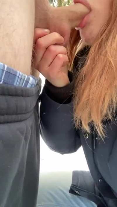 I like to suck my bf&lsquo;s cock outdoors. Do you like watching us? [OC]