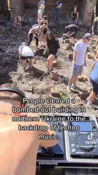 Ukrainians hold up &ldquo;clean up raves&rdquo; to restore buildings bombed by Russians. Their fighting spirit is on another level.