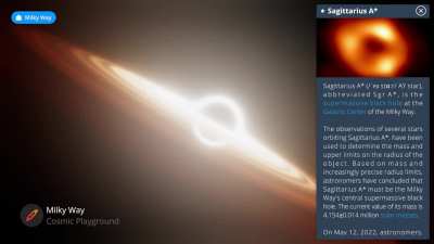 A volumetric black hole with gravitational lensing, red- / blue-shifting, and thermal coloring from blackbody radiation. (Credit: Milky Way app)