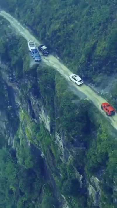 Traffic jam on "Death Road" in Bolivia