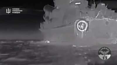 HUR posted a video of Ukrainian sea kamikaze drones destroying Russian Guided Missile Corvette "Ivanovets" tonight