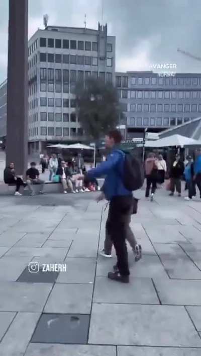A pro Palestine rally in Stavanger Norway gets attacked by a nazi who sieg heils, "This is Europe." 