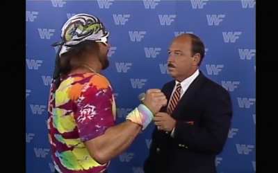 Mean Gene having an interview with "Macho Man" Randy Savage on Prime Time Wrestling (1987)