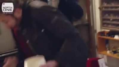 Chris O'Dowd pretending to drop a snowglobe. Then dropping it.