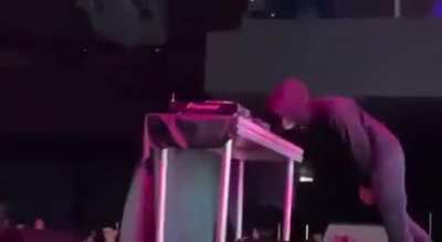 Nothing stops this DJ...bumps, gravity, lack of talent