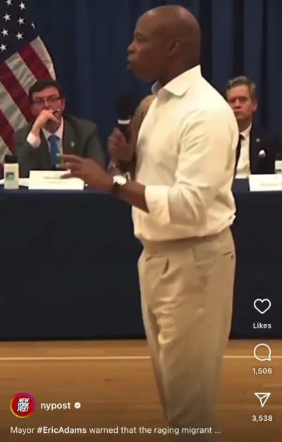 Mayor Eric Adams escalates his rhetoric on the migrant crisis at a town hall meeting - “110,000. We have to feed them, educate their children, wash their laundry sheets….this will destroy NYC” 
