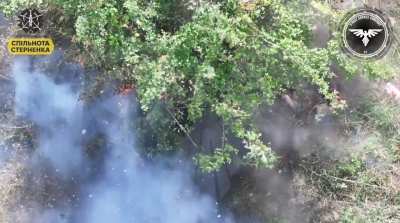 A Russian soldier sitting under a tree takes a hit from an FPV drone from the Strike Drone Company (47 OMBr)