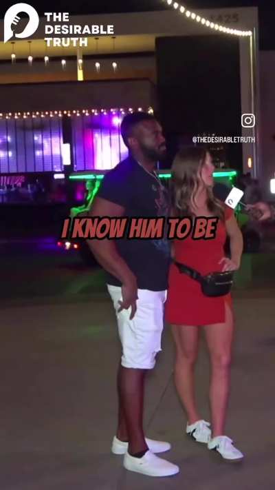 BNWO street interview: White girl in red mini dress, with her very muscular Black boyfriend, confesses to have let him cheat on her, says it's her job to keep him from cheating by pleasing him in the bedroom (the interviewer is also Black) 
