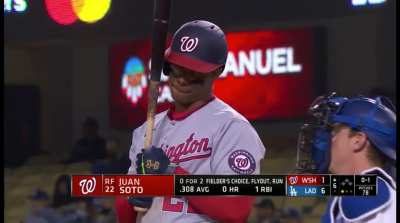 Will Smith frames a questionable pitch for a strike, Soto gives him a nice look afterwards