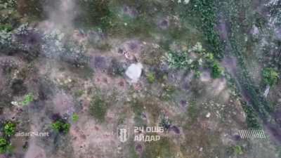 Ukrainian 5th Assault Brigade's 24th Battalion "Aidar" drone team spotted a Russian soldier on the move, landing a pair of close hits with dropped munitions