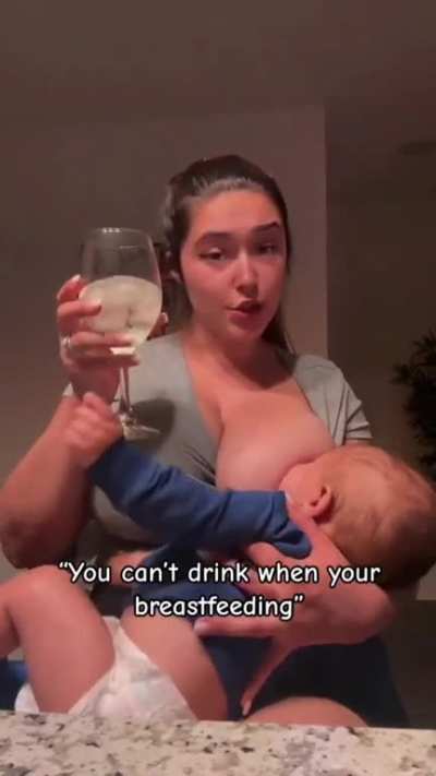 This is legit from Instagram. Lady with big tits claiming to drink and breastfeed in order to clout chase. Her audio clip says "Hmm. Since you got your degree, you know every fucking thing."