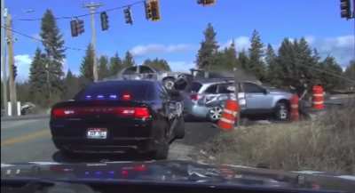 A Truck with a Car hits a car that hits a car and a cop watches !