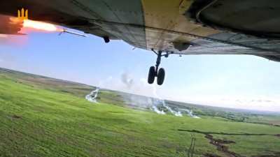 Pair of Mil Mi-8 helicopters from the 18th Brigade of Army Aviation firing a S-8 rockets barrage at Russian targets. Eastern Front. End of June 2024