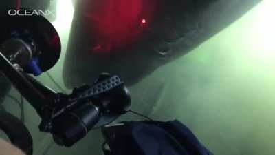 Massive deep water shark checking out a mini sub, and it&rsquo;s crew.