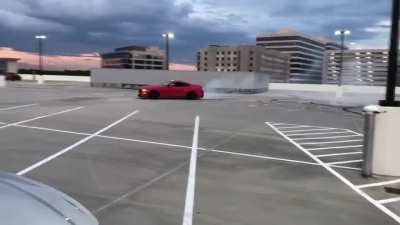 A mustang driver ruins another one&rsquo;s photoshoot and crashes in a completely empty parking lot