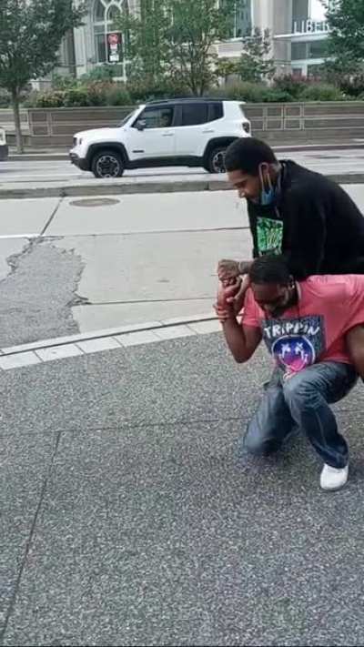 Knife fight outside of the Greyhound station yesterday evening. Was picking up someone from the station who happened to record the whole thing.