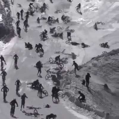 100 bikes ridin down de hill, goes how you'd expect it to go