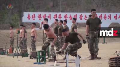 north korean soldiers train by hitting each other with  shovels and pickaxes