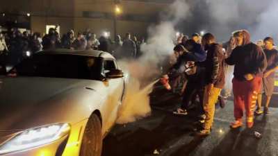 Supra hits hellcat and catches his wheel on fire.