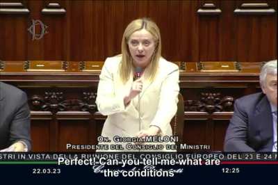 In the discussion over the next EU Council meeting, Italian PM Giorgia Meloni replied in parliament and harshly questioned lawmakers about the "escalation" of the War in Ukraine, the conditions to open a negotiating table and peace