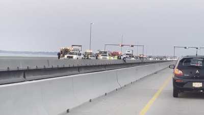 Car hanging from the Monitor&ndash;Merrimac Memorial Bridge&ndash;Tunnel in Virginia.