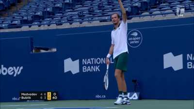 World number 2 tennis player Medvedev calling the umpire's decision "so stupid" on live TV after being penalized with "hindrance" for saying "sorry" during the rally. It was so stupid that even his opponent was refusing the point awarded to him and would 