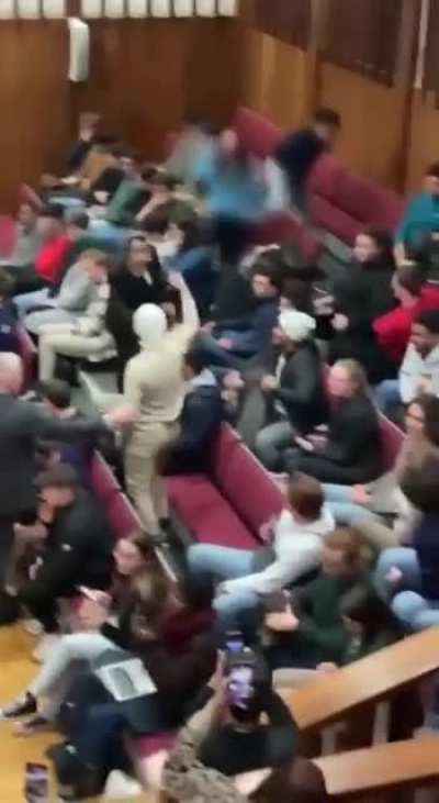 A student at UC Dublin needs to be calmed down after shouting &ldquo;We will do what happened on October 7th Again and Again. Allahu Akbar.&rdquo;