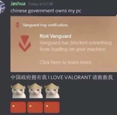 I for once welcome Riot Vanguard. All hail the CCP and our beloved indie company. I am doing my part!