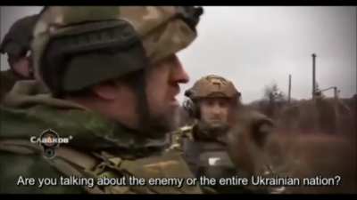 Alexey Milchakov, Russian leader of the Sabotage Assault Reconnaissance Group "Rusich", which is actively participating in the war in Ukraine, explains why he thinks the all Ukrainians have to be denazified