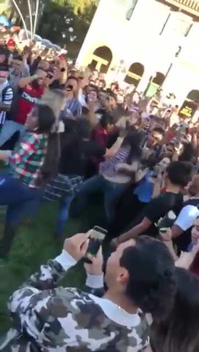 A fight occurred and it was getting out of hand suddenly a random dude from the crowd starts dancing everyone else follows suit shortly.