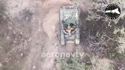 Ukrainian "Aeronauty"-Group ignites a russian T-72B3M obr.2023 with a dropped grenade, Ukraine, late March 2024