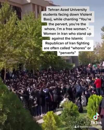 Iranian female students at Tehran Azad University facing brutal Basij chant &ldquo;You&rsquo;re the pervert, you&rsquo;re the whore, I&rsquo;m a free woman.&rdquo; Women in Iran who are fighting for their rights are often called &ldquo;whores&rdquo; or &ldquo;perverts&rdquo;