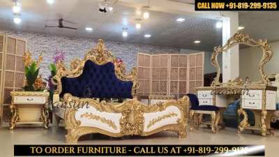 King Size Bed With Side Table in Gold Finish