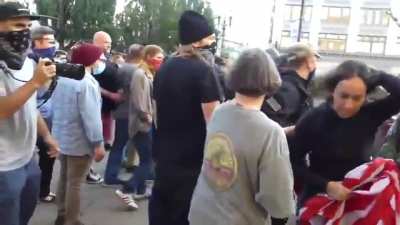 [Left-wing racism] Brave, conservative woman-of-color protects her US flag at all costs while white, Antifa/BLM counter-protestors attack her, drag her by the hair