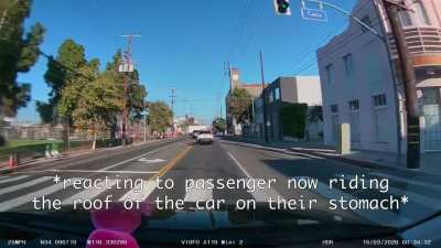 [OC] Reckless passenger in SoCal falls off roof of car