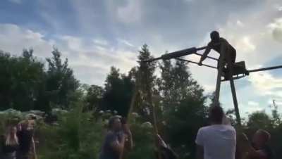 Man referees a fight between mass, grip, gravity and centrifugal force.