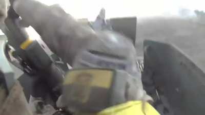 .50 cal Gunner POV of a Ukrainian Humvee storming a Russian held village
