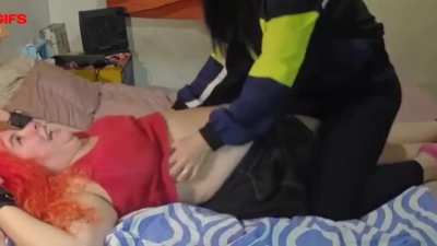 Cute chubby girl gets her belly tickled, cartoon sound effects